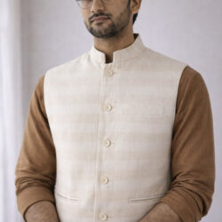 Model wearing Handmade fine hemp waist coat