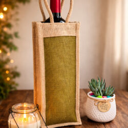Handmade Jute bottle bag olive green colour for gifting