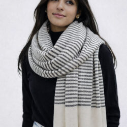 handwoven black and white shawl styled for winter
