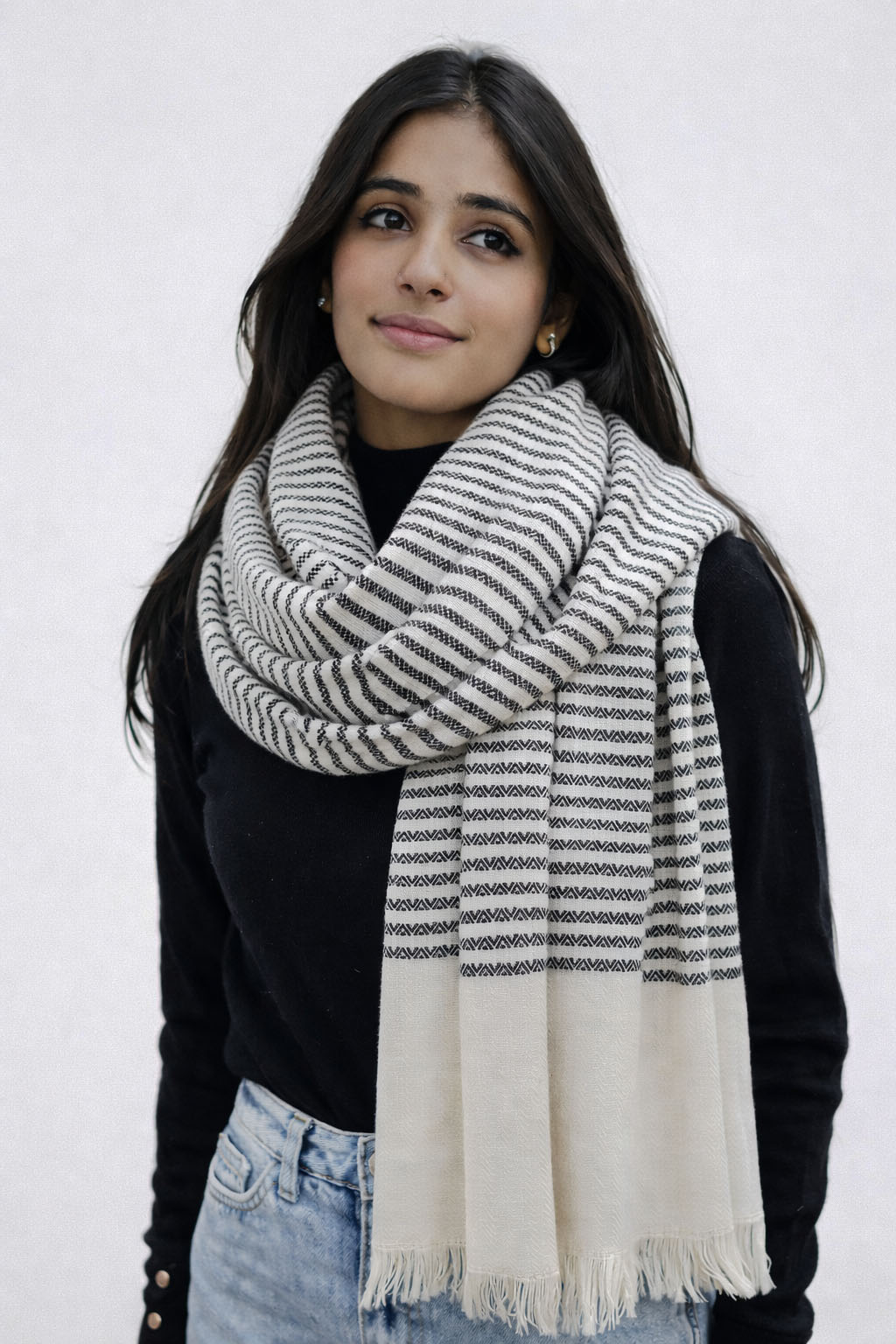 handwoven black and white shawl handwoven black and white shawl styled for winter