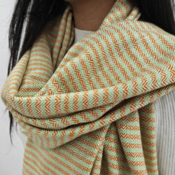 handwoven pistachio green and soft orange shawl