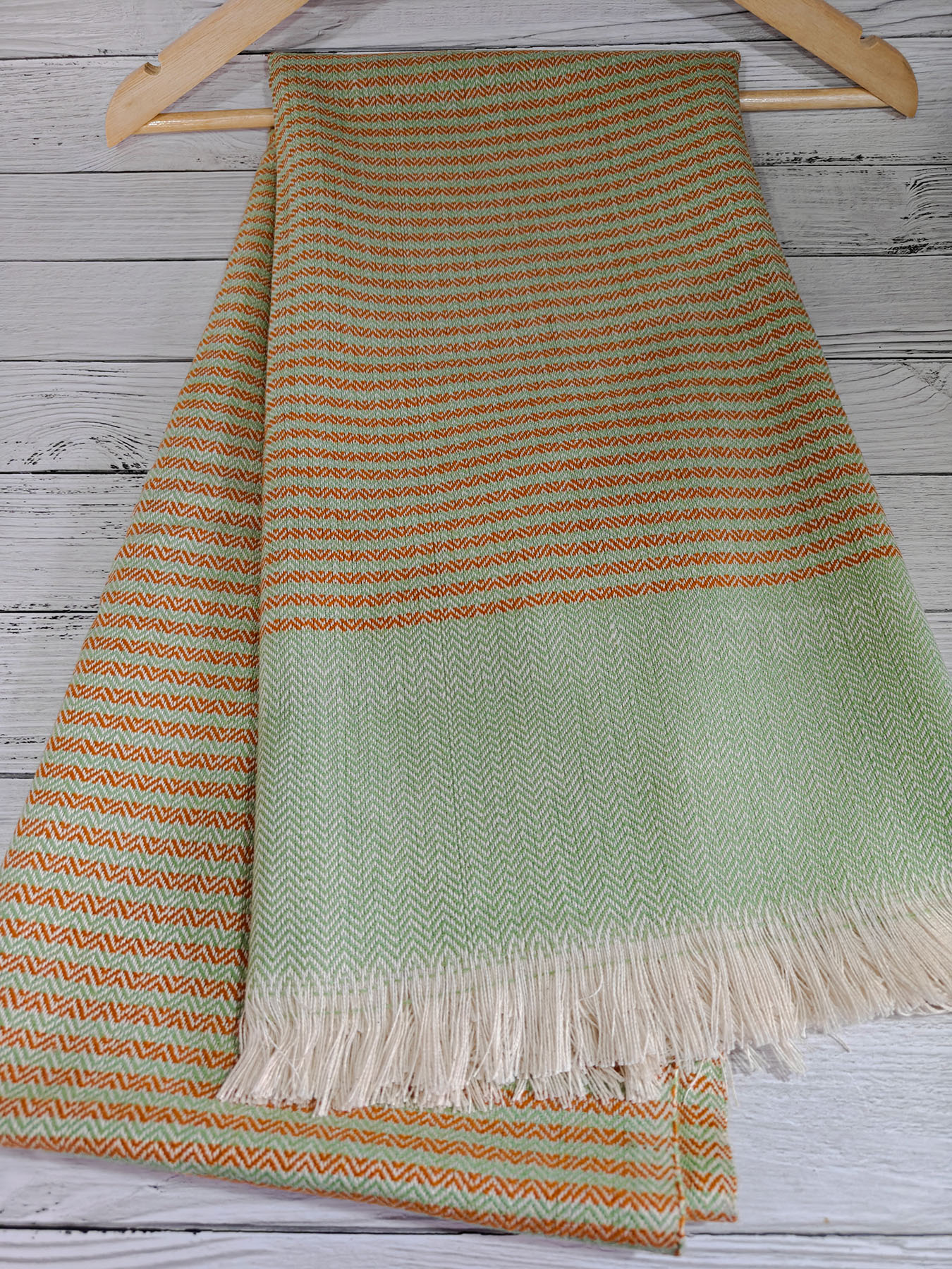 handwoven pistachio green & orange shawl handwoven pistachio green & orange shawl details