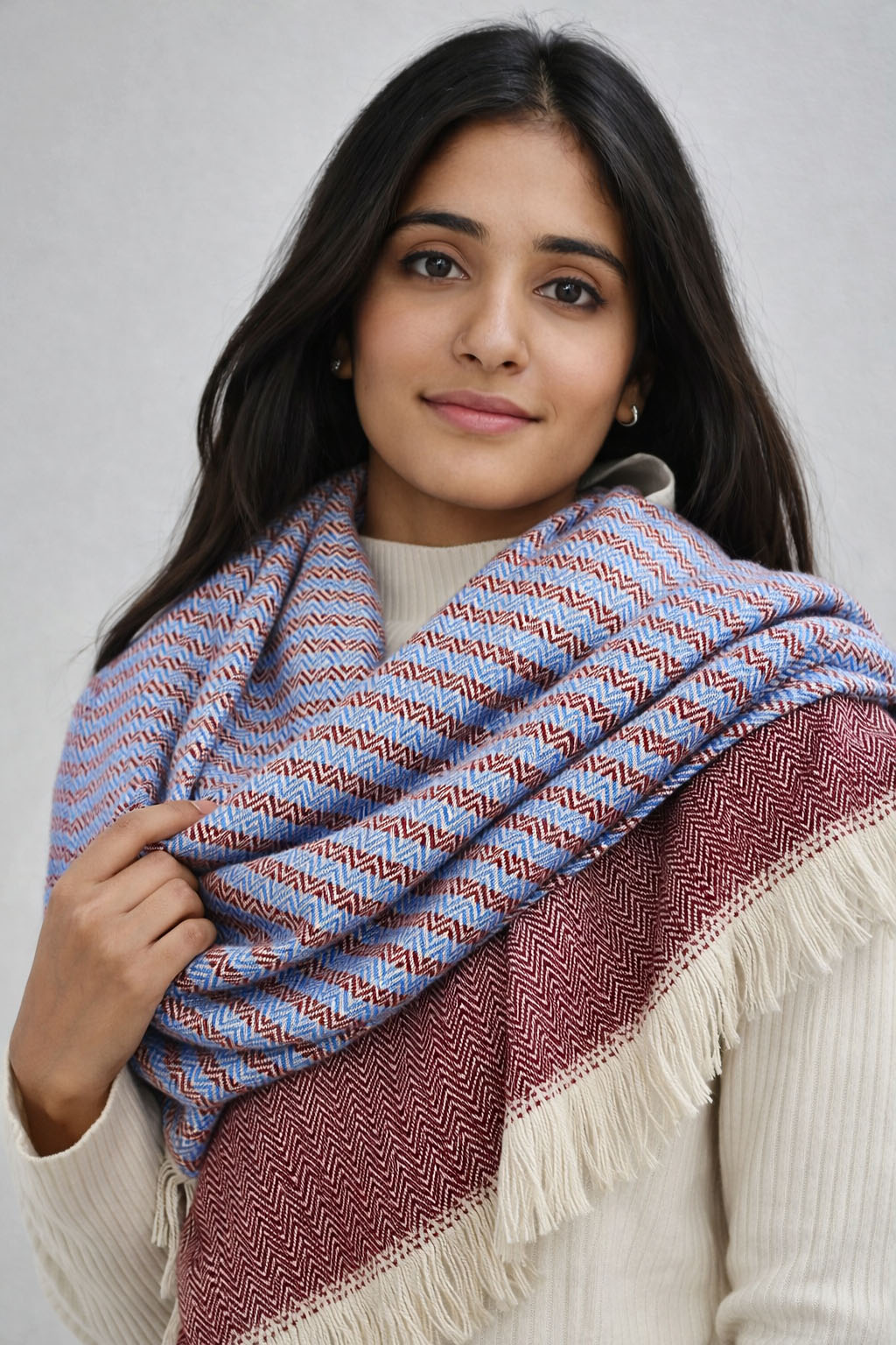handwoven maroon and blue shawl close-up of handwoven maroon and blue shawl