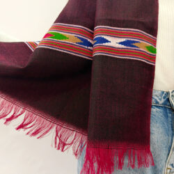 Handwoven burgundy coloured merino wool stole fringes