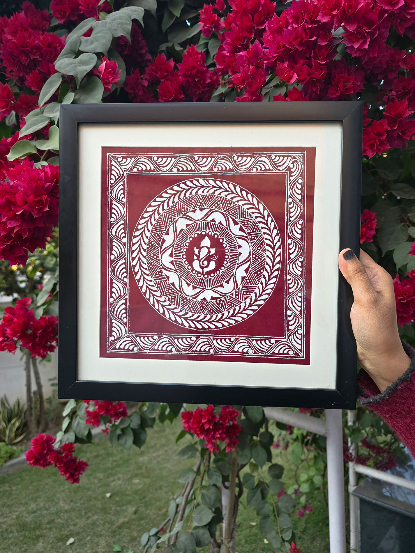 handpainted aipan framed (ganpati motif) handpainted aipan - ganpati motif for wall decor and prosperity
