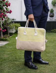 Handmade jjute executive laptop bag pistachio green coloured stripes