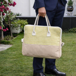 Handmade jjute executive laptop bag pistachio green coloured stripes