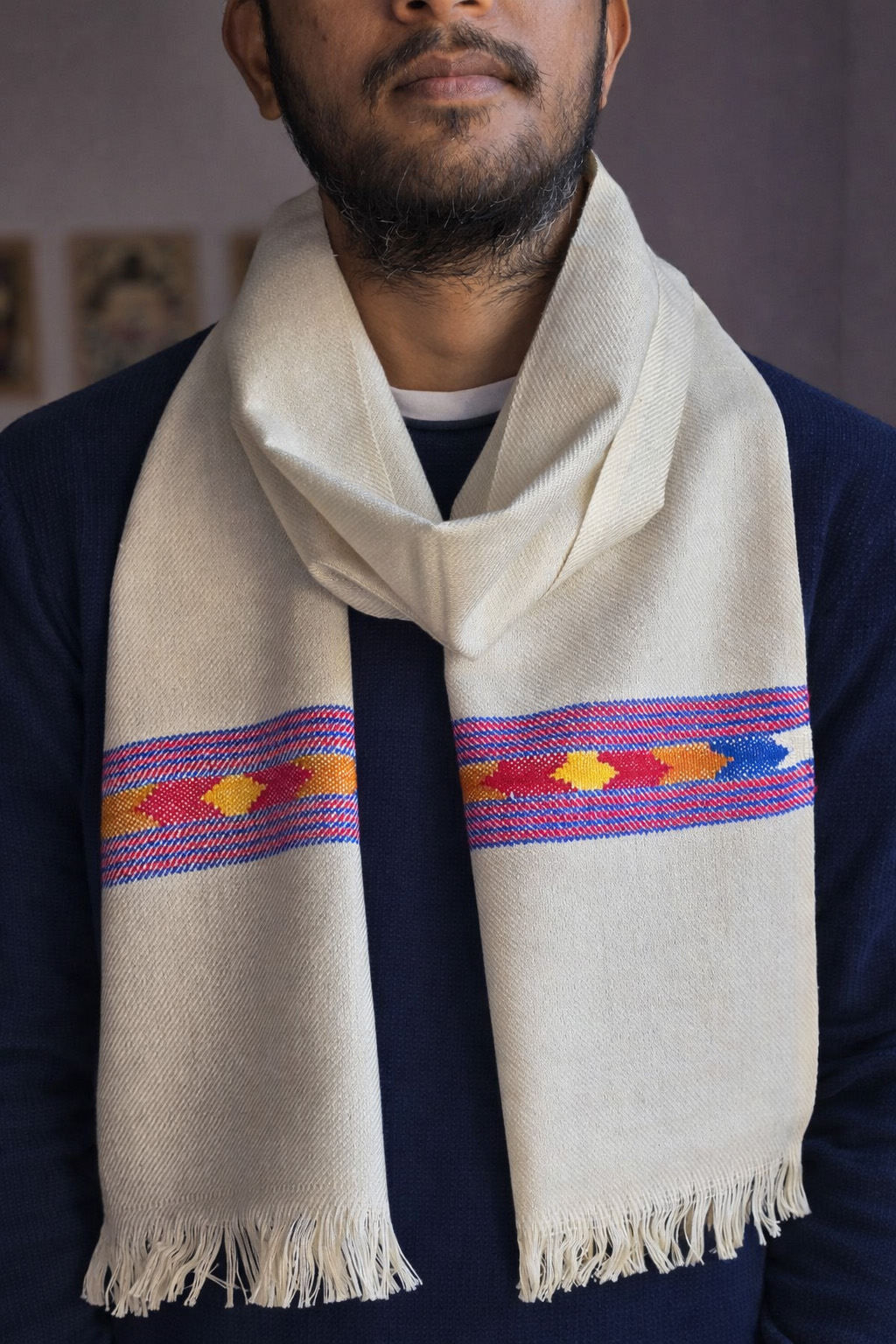 handwoven multicolour design muffler handwoven off white muffler with multicolour design