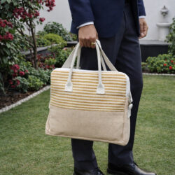 handmade jute executive laptop bag mustard colour strips