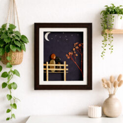 Handmade stone art of a couple on a bench under a crescent moon and starry sky with dried flowers.