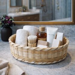Handmade ringaal basket used to organise bathroom essentials