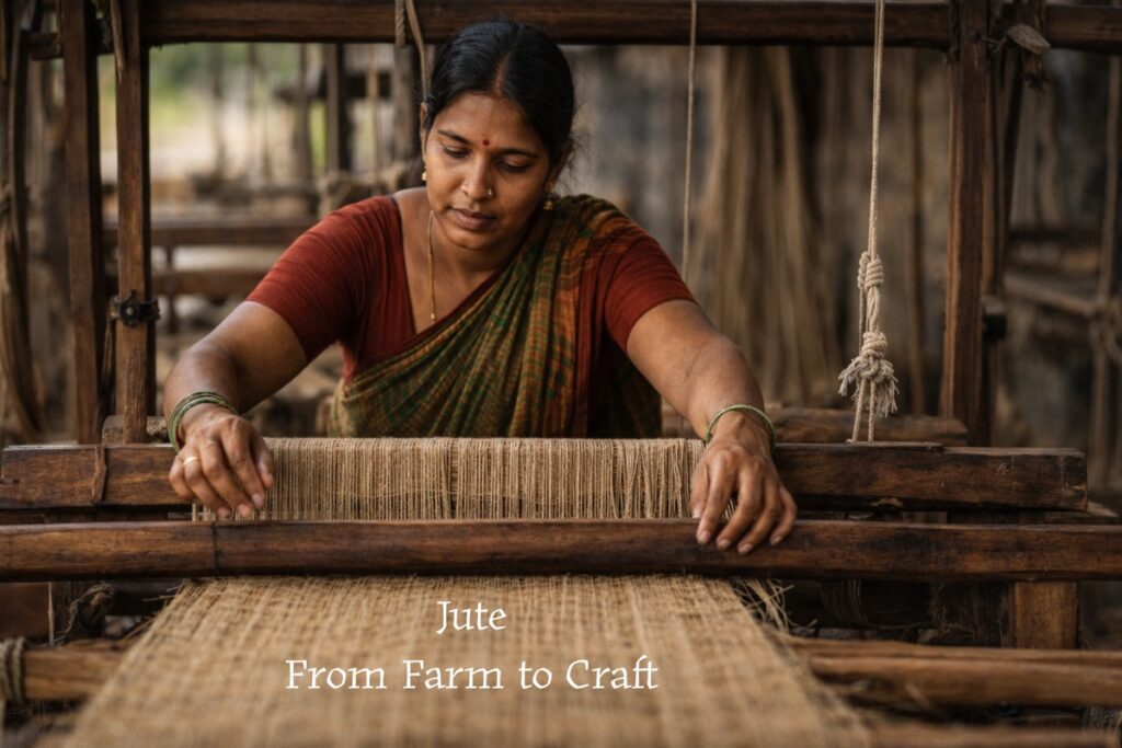 Artisan weaving jute fabric on traditional loom